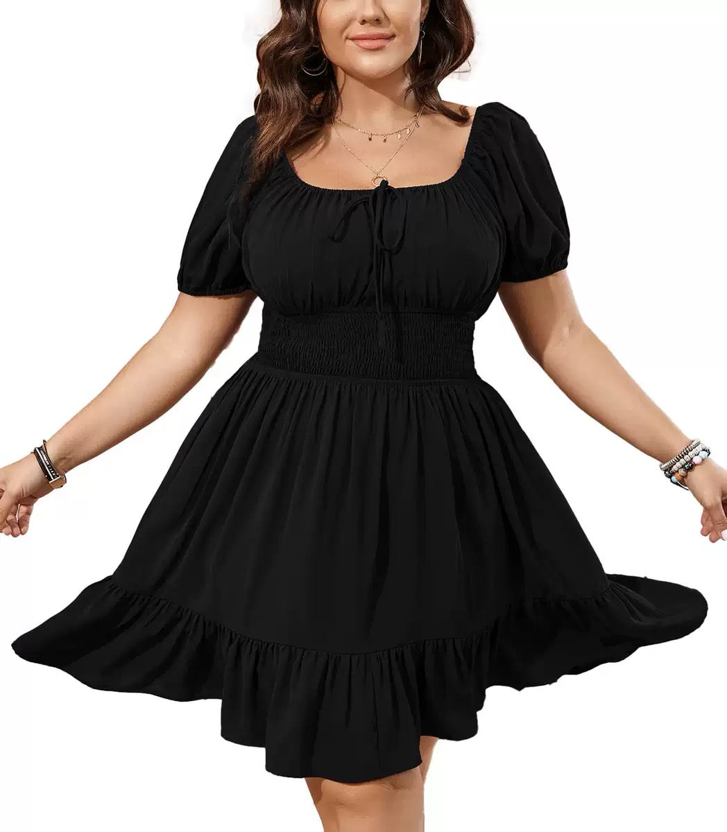 Black Square Neck Summer Dress with Puff Sleeves square neck A-line dress ruffle hem