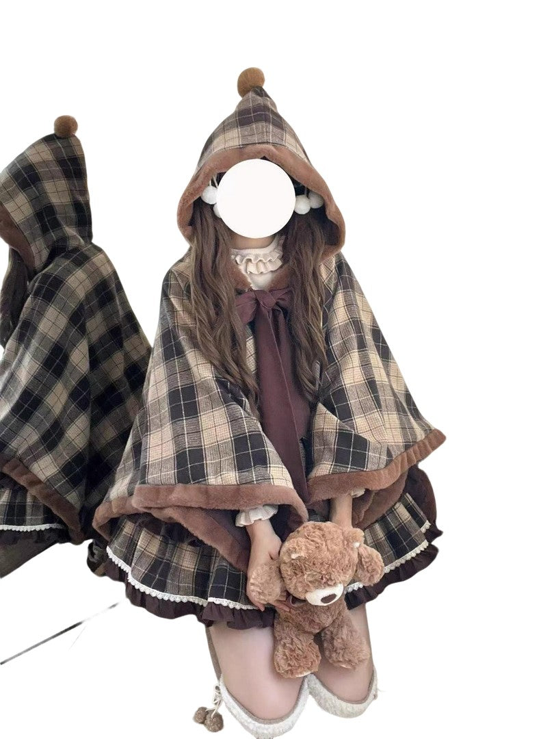 Lolita Plaid Jumper Dress & Cape Winter Wool Bow Layered Skirt Japanese Mori Girl Sweet Outfit