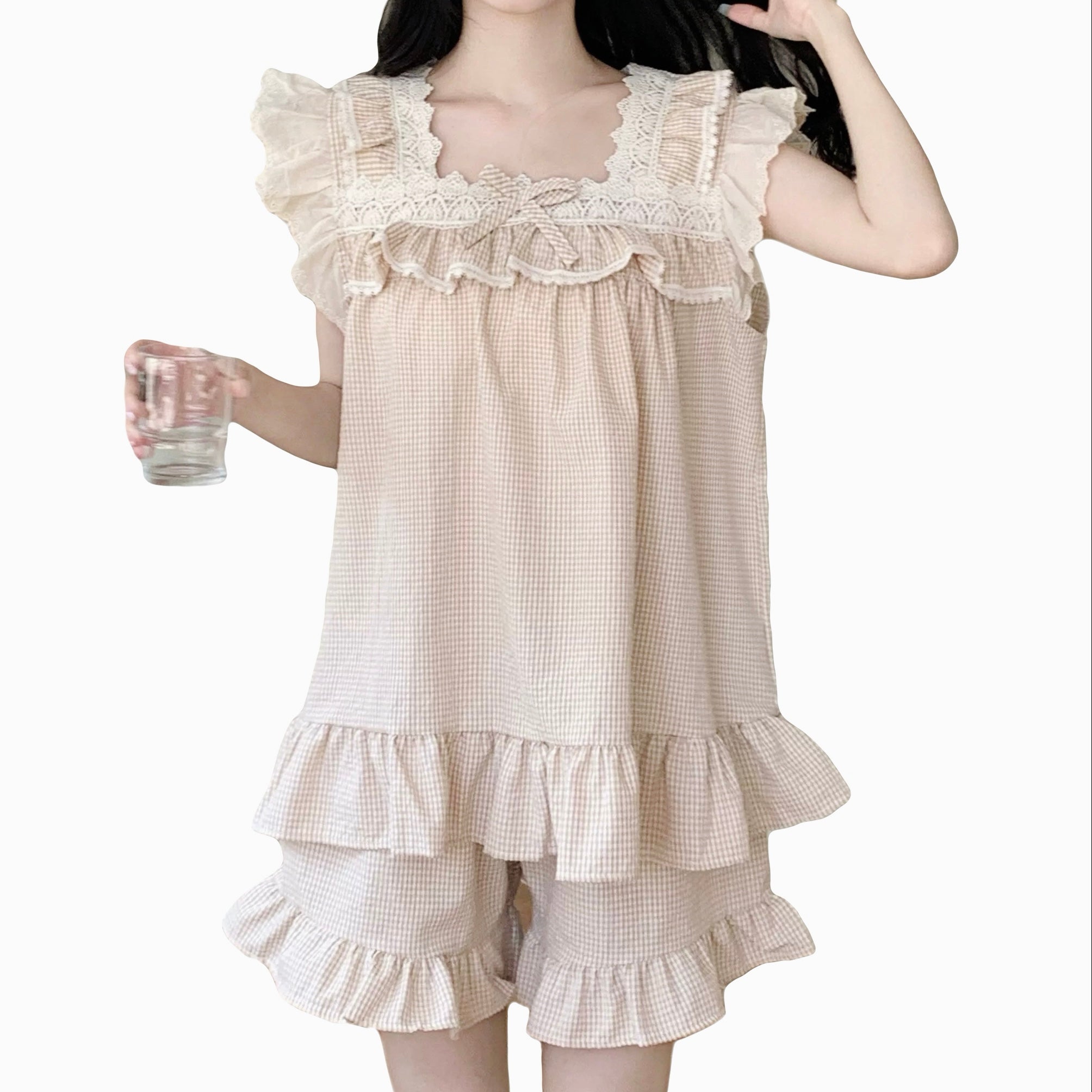 princess style kawaii pajamas sleeveless nightwear beige pajama set