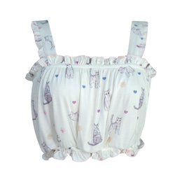 kawaii sleepwear cat print pajama set ruffle crop top Lolita Girls Cosplay Costume sleeveless homewear