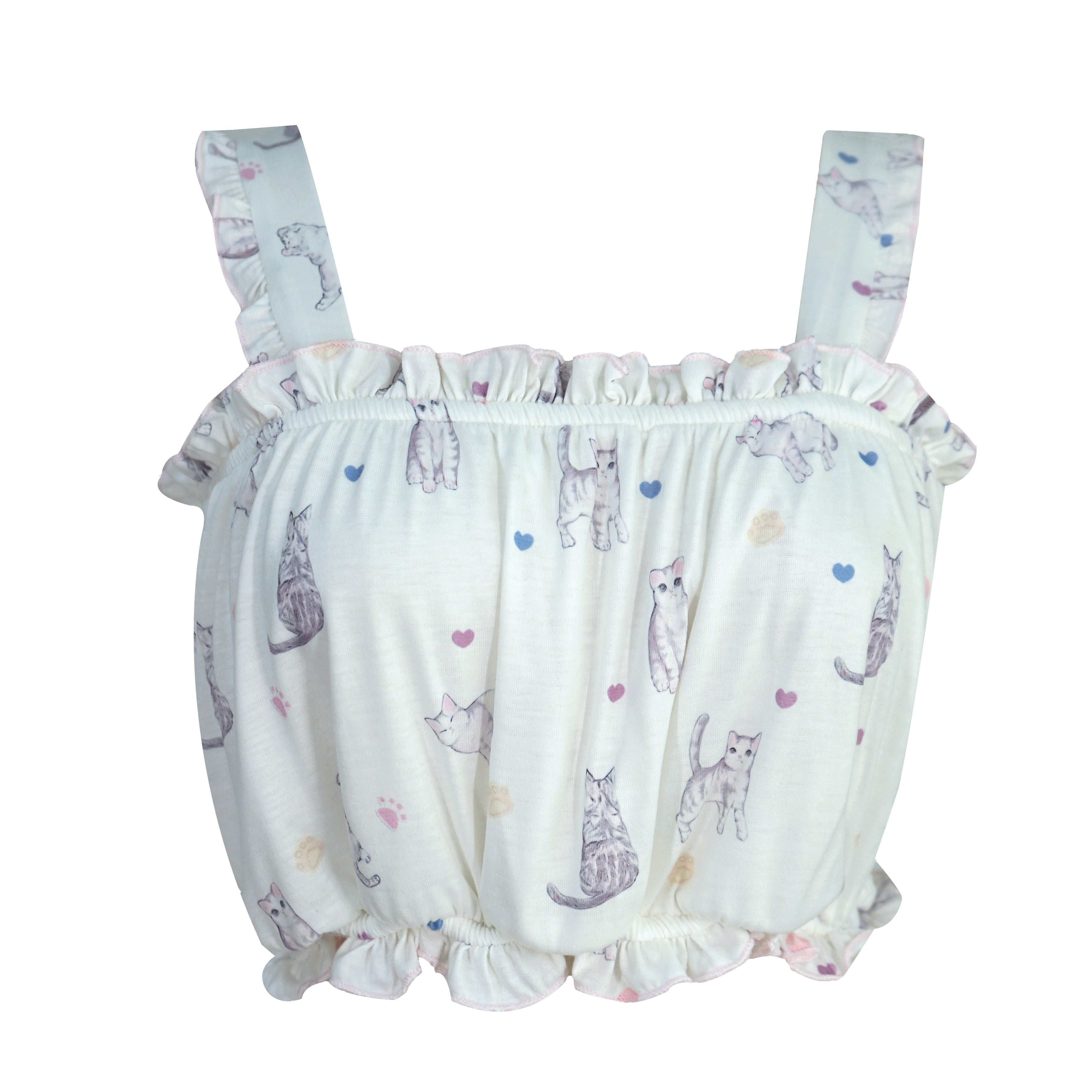 kawaii sleepwear cat print pajama set ruffle crop top Lolita Girls Cosplay Costume sleeveless homewear