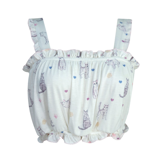 kawaii sleepwear cat print pajama set ruffle crop top Lolita Girls Cosplay Costume sleeveless homewear