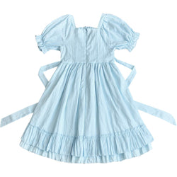 A light blue puff sleeve midi dress featuring a square neckline, waist tie, and layered ruffle hem – soft and sweet vintage-inspired Lolita fashion.