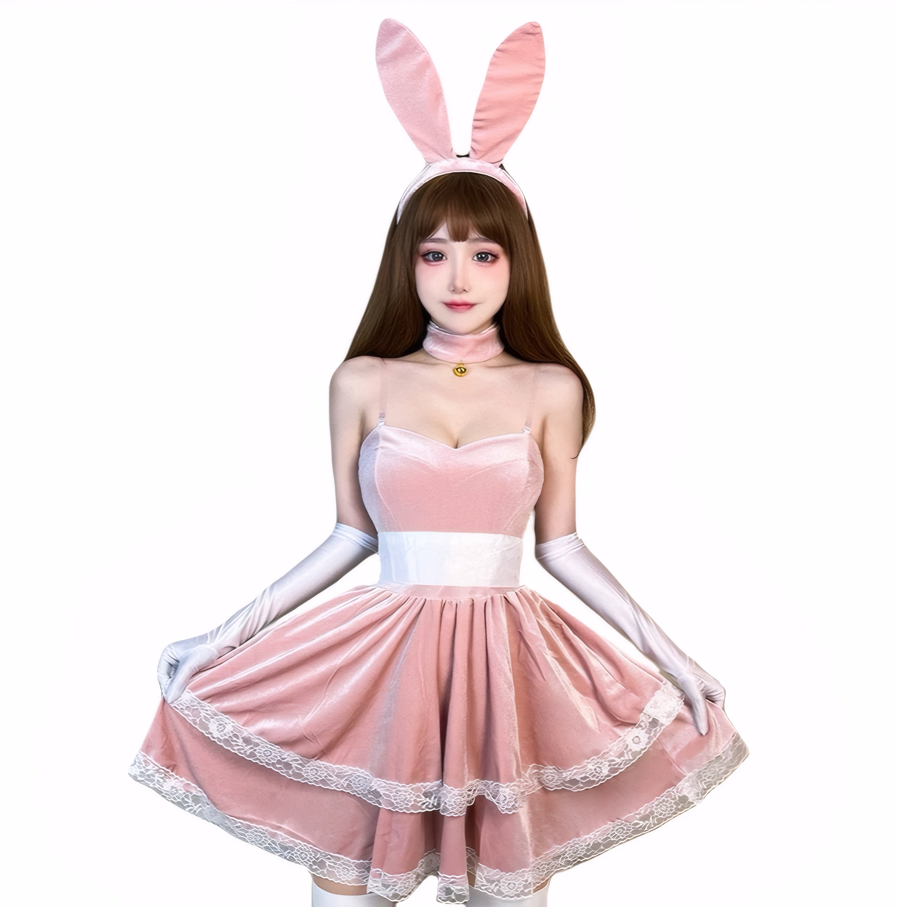 Pink velvet bunny girl cosplay dress with lace trim, paired with long gloves and bunny ears.