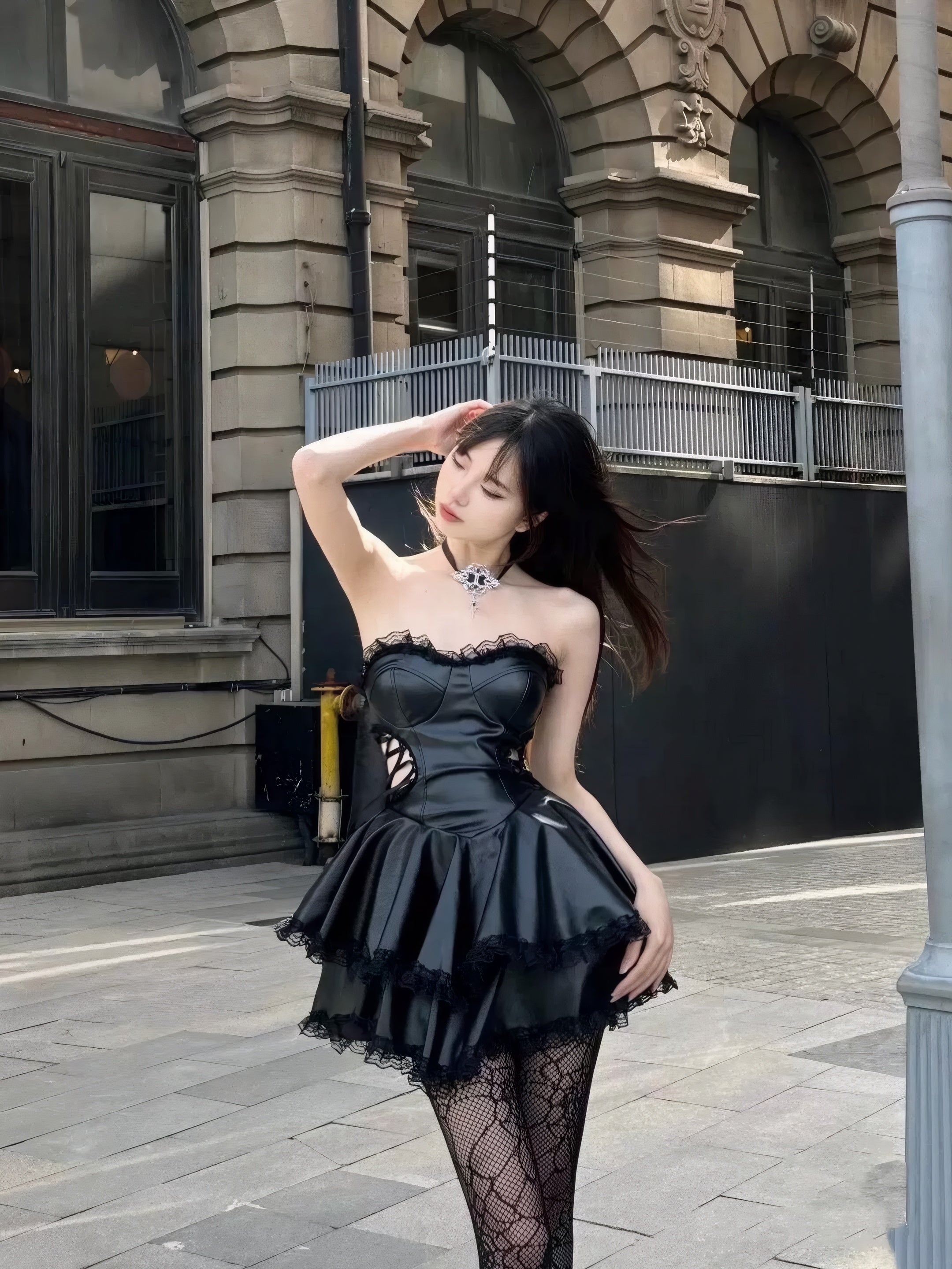 Gothic Black Faux Leather Strapless Dress with Lace-Up Waist Lace Trim Alt Girl Corset Skater Dress