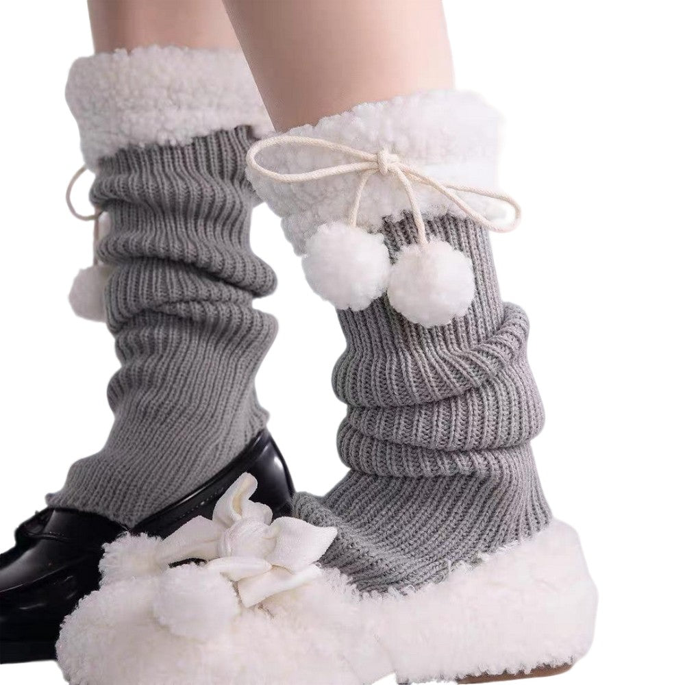 Gray kawaii fuzzy knit leg warmers with white sherpa trim