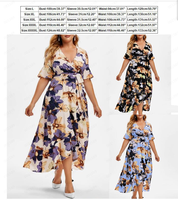 Plus Size Boho Floral Maxi Dress for Women V-Neck Ruffle Hem Summer Wrap Style