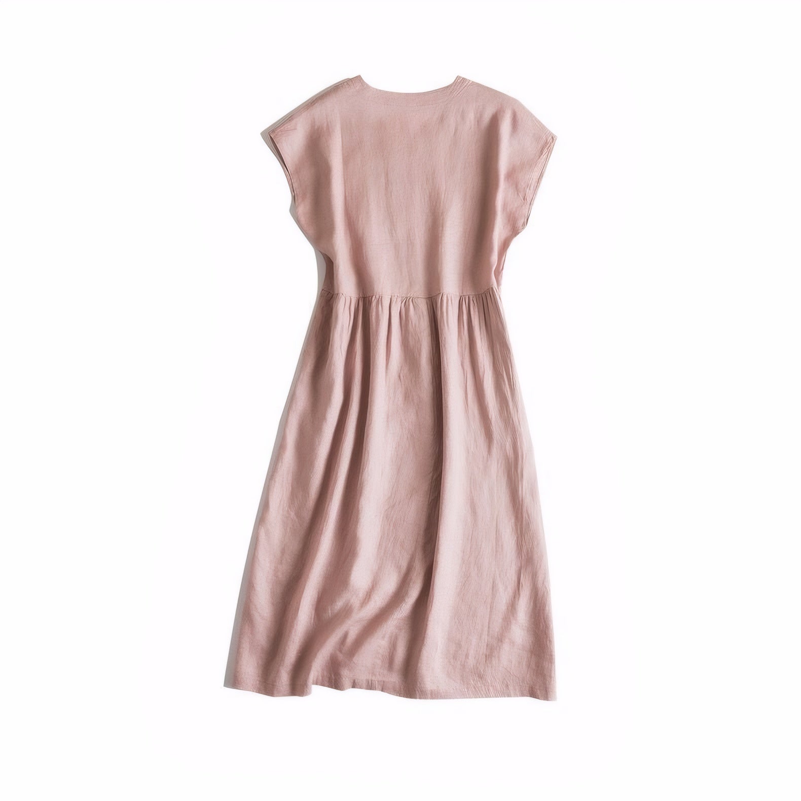 Minimalist Linen V-Neck Dress for Women Short Sleeve Midi Dress with Pockets Summer Loose Fit