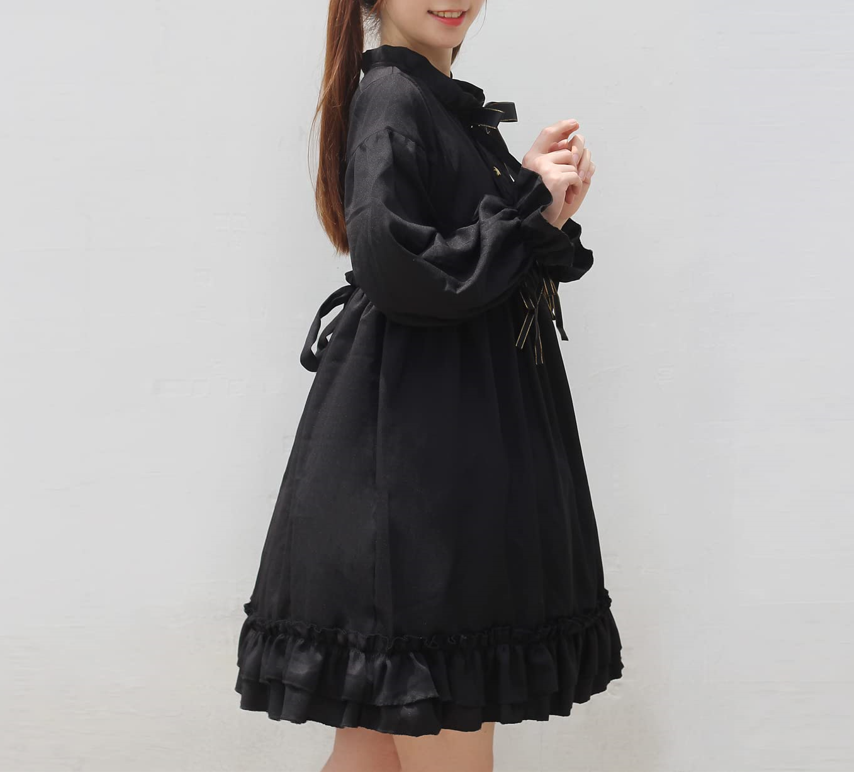 Gothic Lolita Black Dress for Women Long Sleeve Ruffled Moon Bow Dress Cute Kawaii Cosplay Outfit