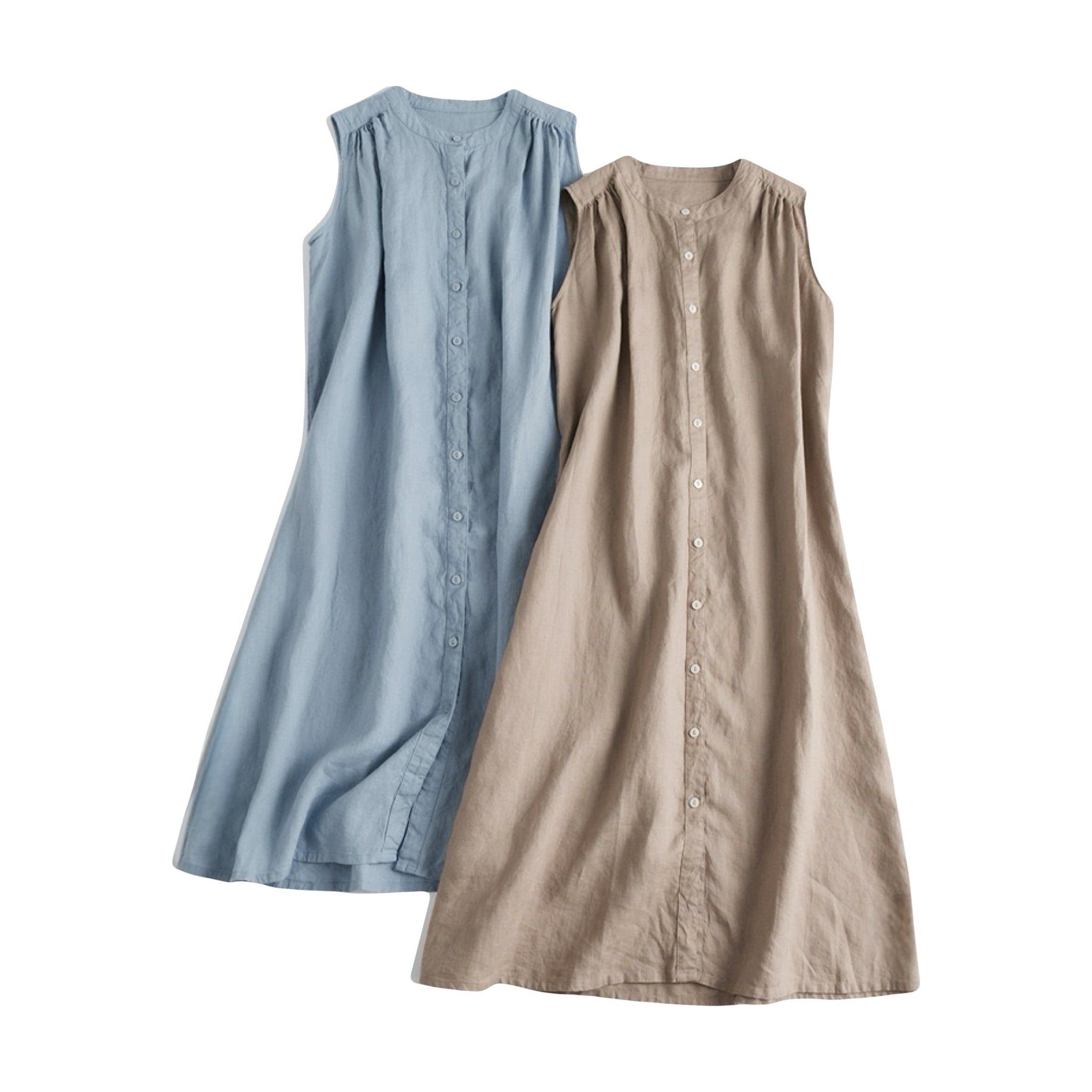 Blue and beige linen pleated sleeveless long shirt dresses with front buttons