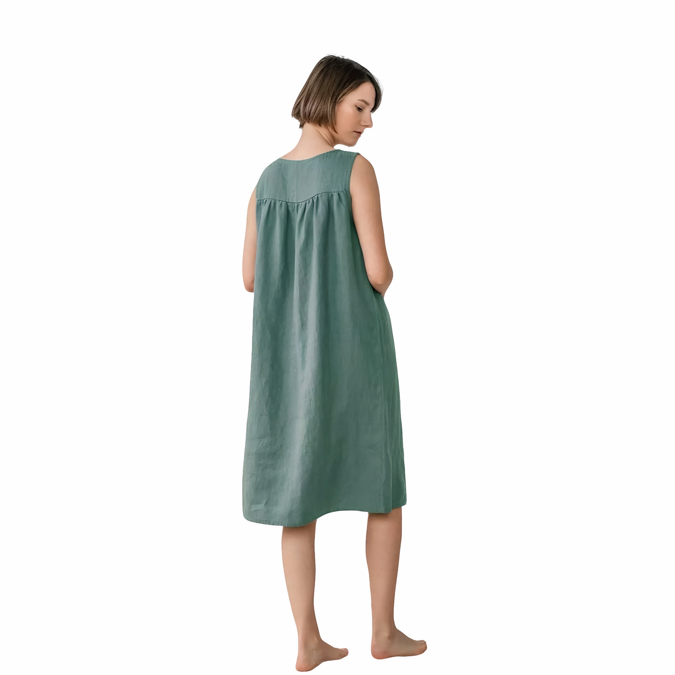 Green 100% linen sleeveless home nightdress loose fit
