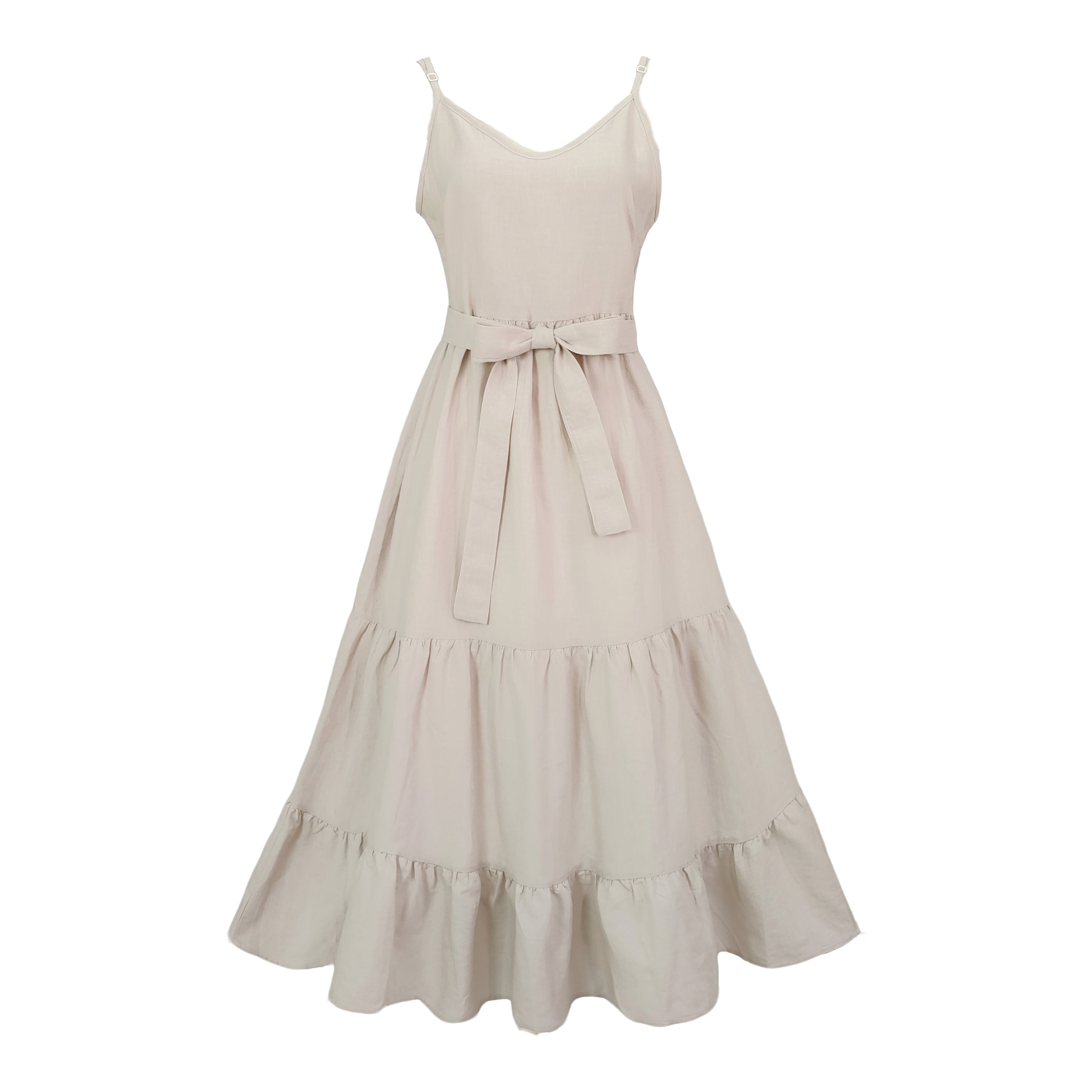 Linen Maxi Dress Spaghetti Strap Sleeveless Summer Long Dress Boho Vacation Style Tiered Sundress with Belt