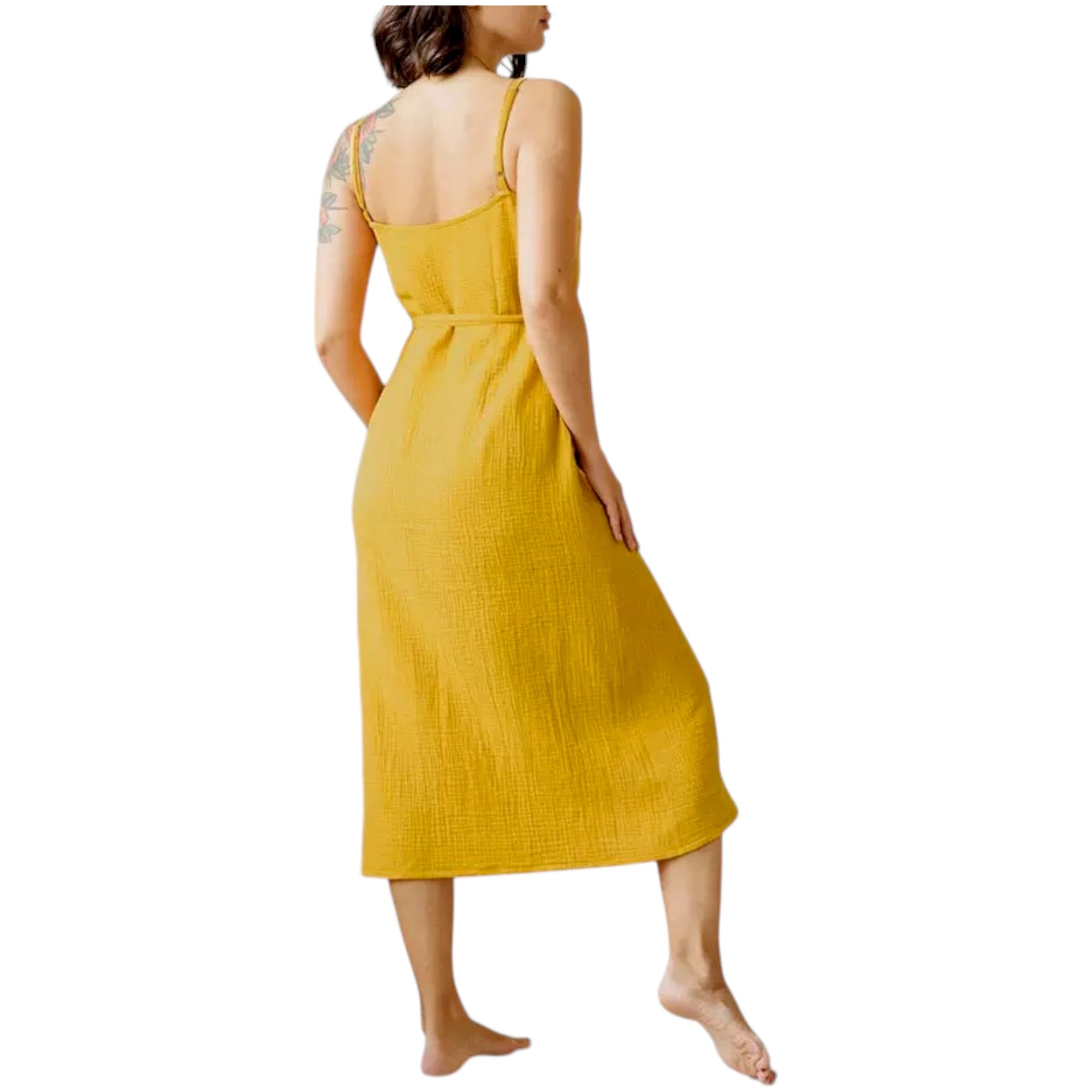 Backless yellow spaghetti strap midi dress for women, lightweight cotton summer dress.