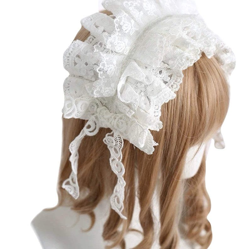 kawaii hair accessory, sweet lolita hat, ruffled lace headband, lolita fashion hairpiece, soft girl bow bonnet, vintage lolita headwear, elegant lace headband