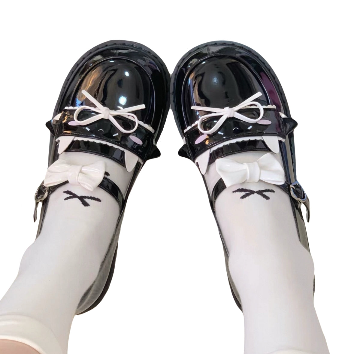 kawaii jk shoes, cat face mary janes, lolita flat shoes, soft girl pu leather shoes black