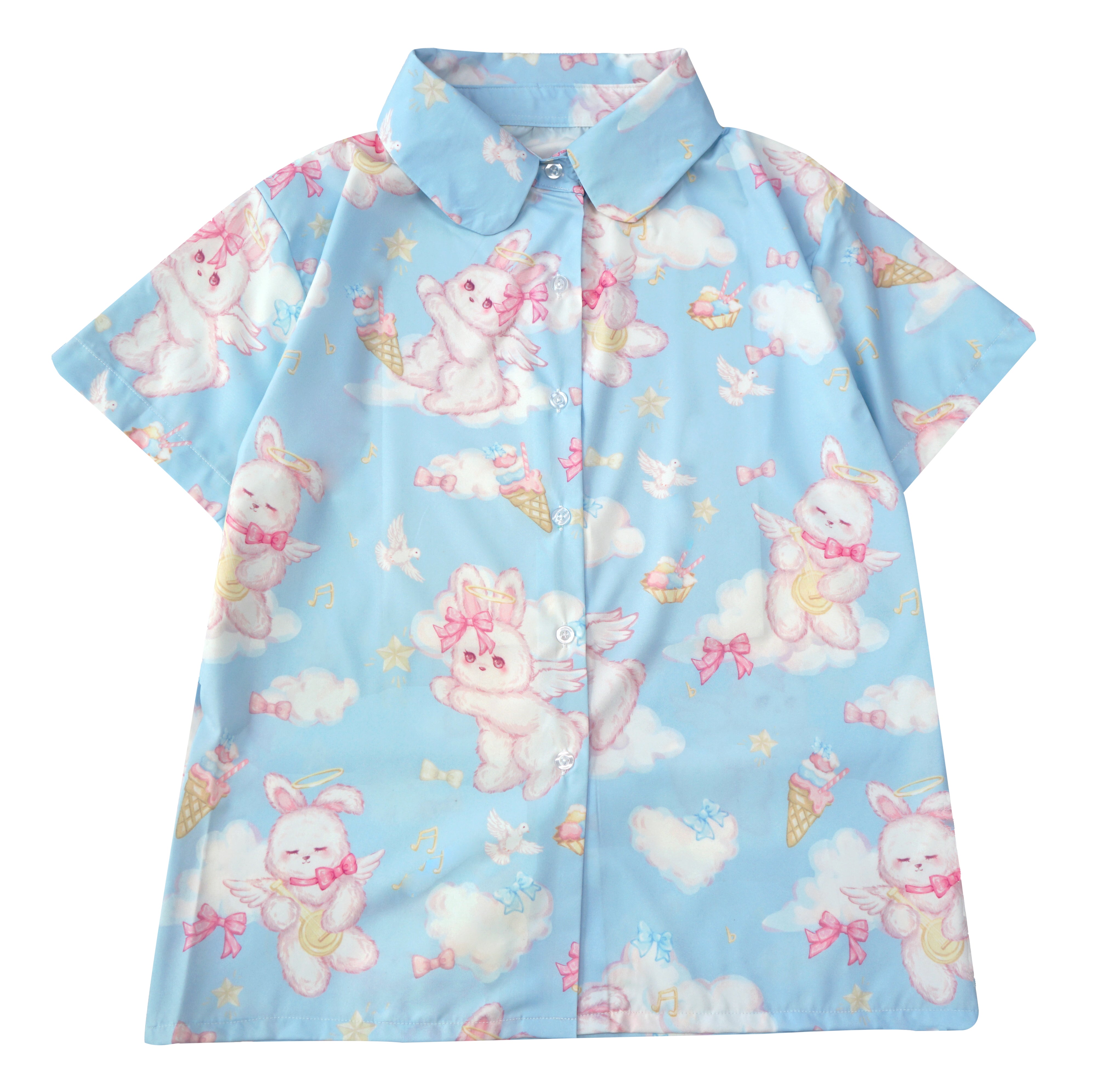 Light blue angel bunny printed short sleeve shirt with clouds and stars – kawaii pastel style pastel angel blouse, harajuku top