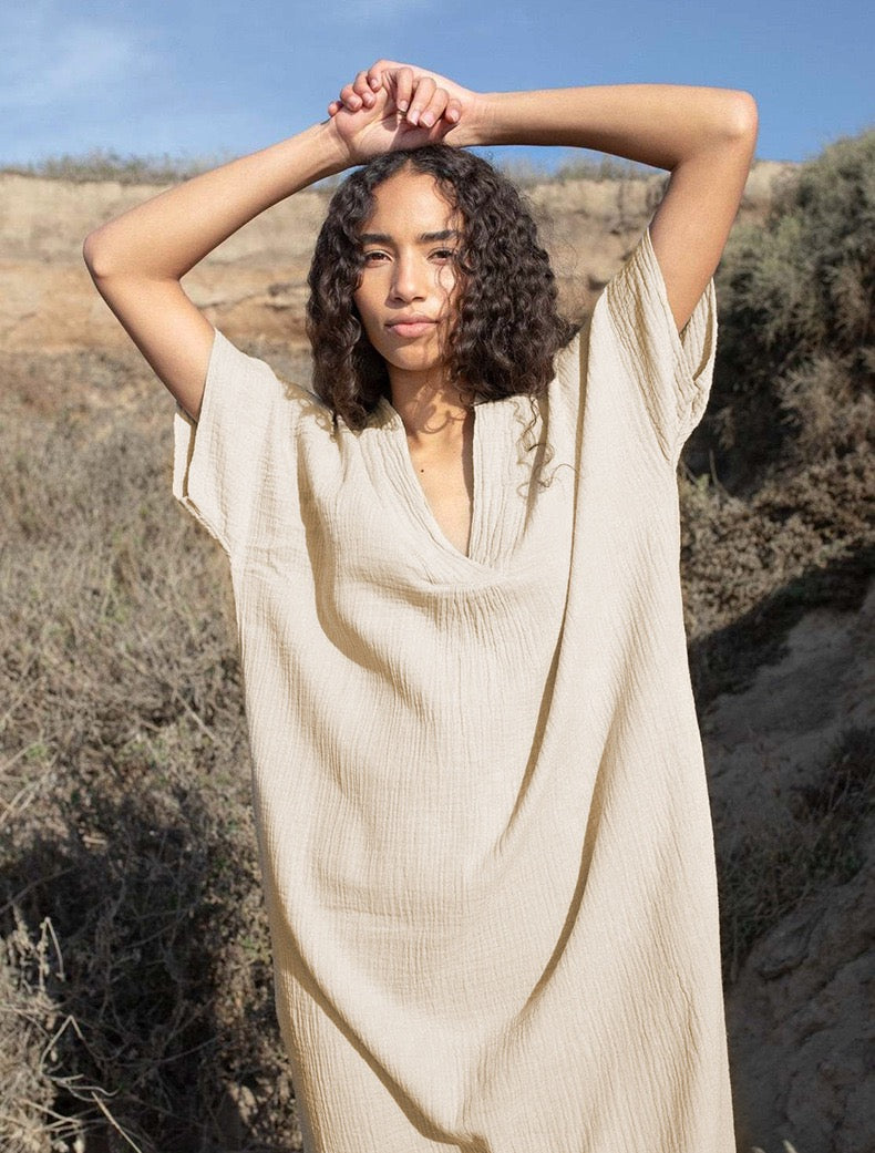 Soft Cotton Gauze Sleep Dress Beige Loose Kaftan Nightgown V Neck Loungewear Home Wear