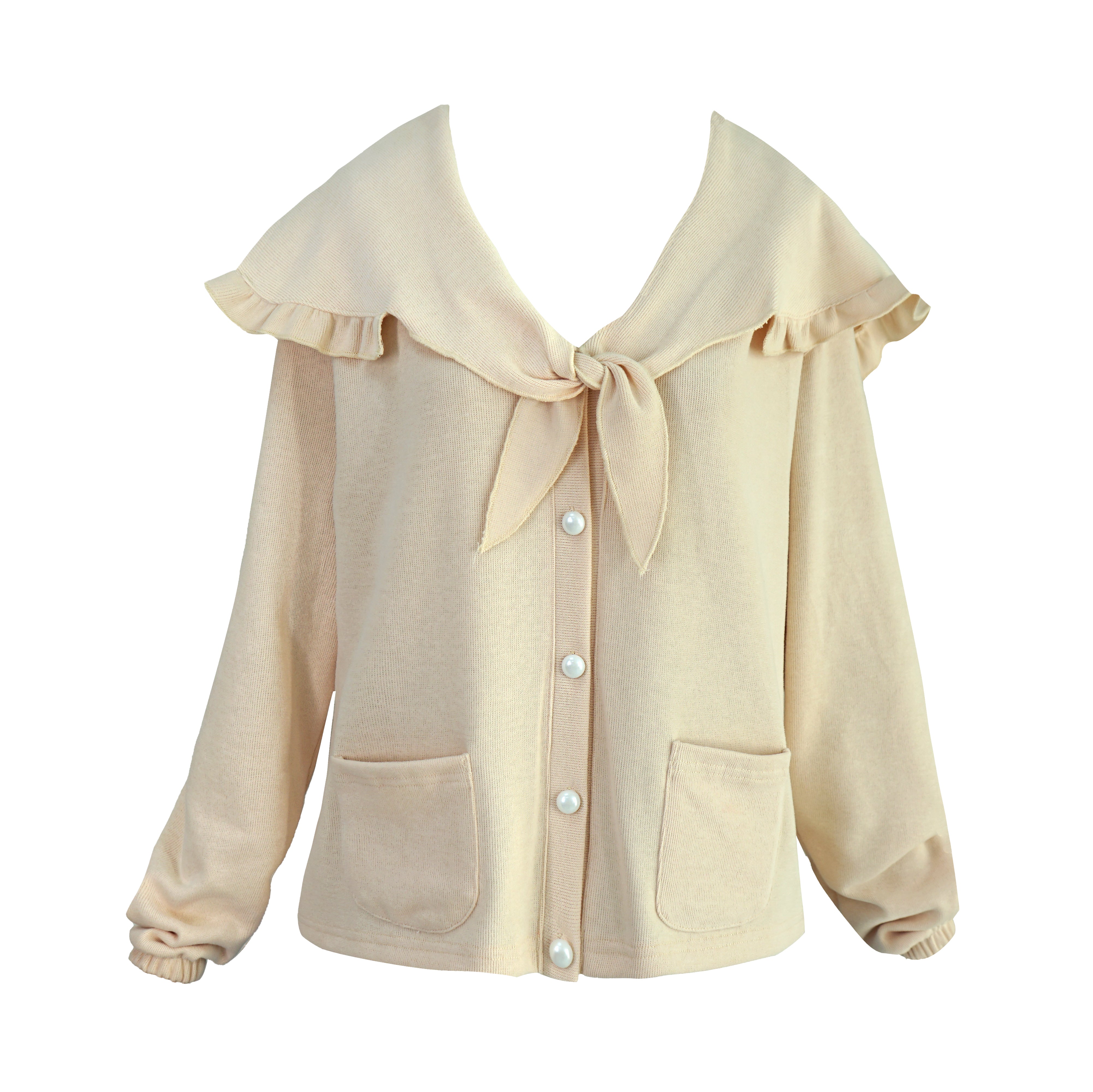 Beige soft sweater with double front pockets and tie neck ruffle trim cardigan, preppy knitwear