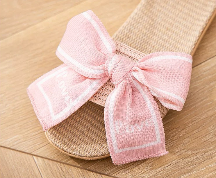 Cute Indoor Linen Slippers with Big Bow Breathable Anti-Slip Summer Home Slides for Women