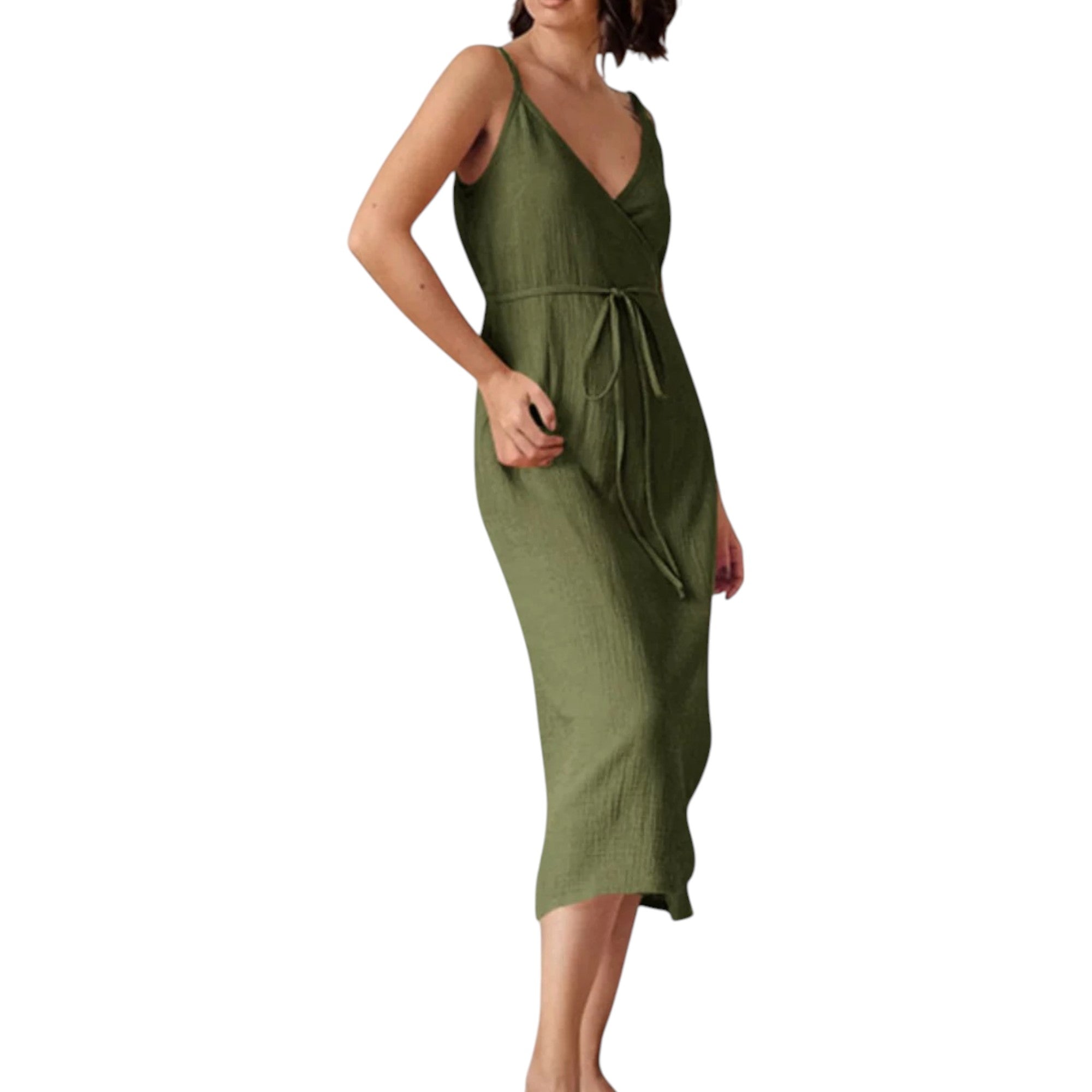 Green sleeveless cotton gauze wrap sundress with adjustable straps and waist tie.