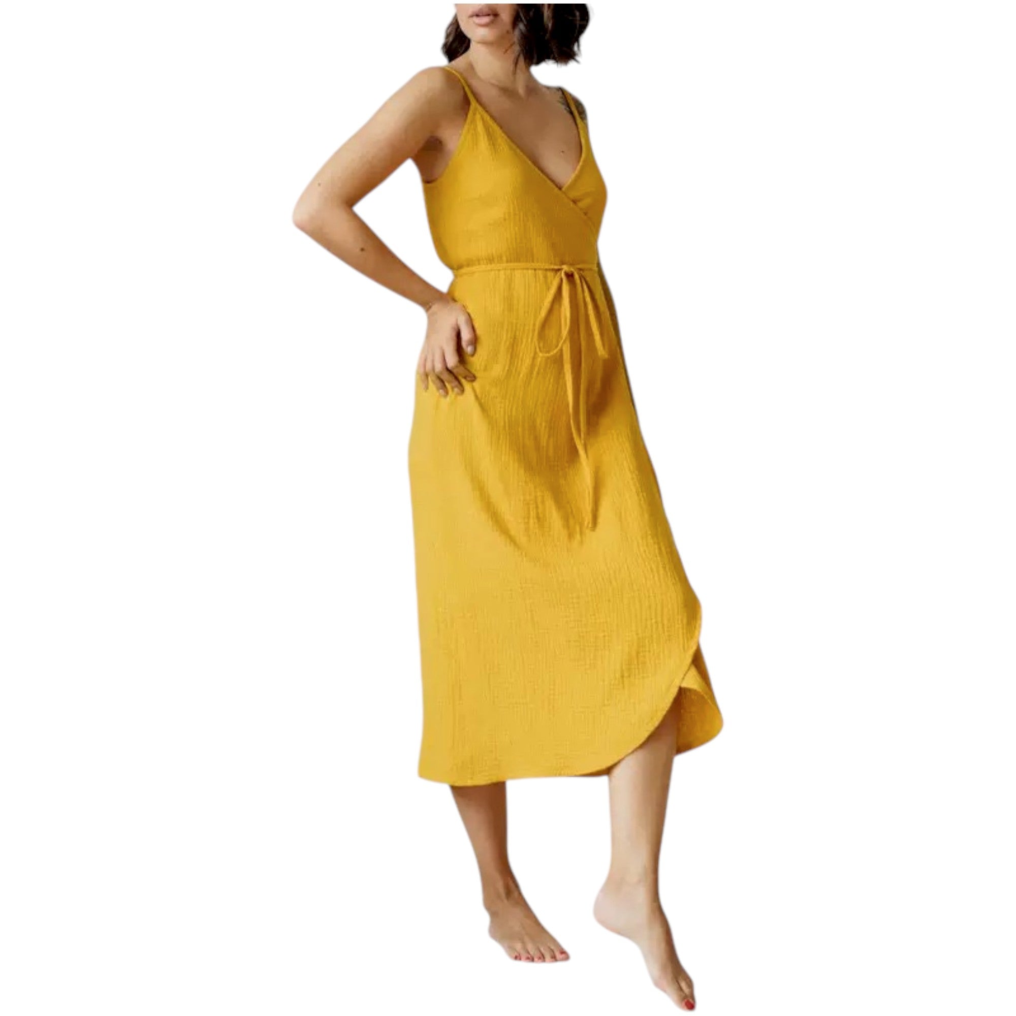 Yellow sleeveless gauze wrap midi sundress with waist tie for women, summer casual outfit.