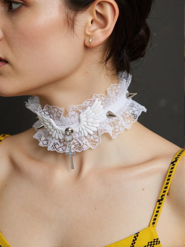 White gothic punk choker with lace and metal studs adjustable gothic choker