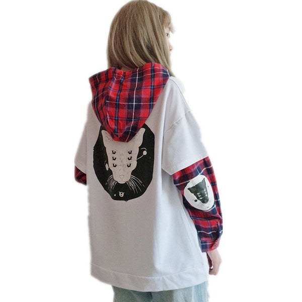 white kawaii fox pattern splicing sleeves cotton hooded coat for young woman