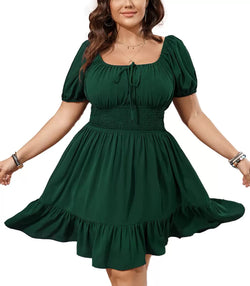 Green Puff Sleeve Plus Size Mini Dress with Smocked Waist plus size mini dress puff sleeve