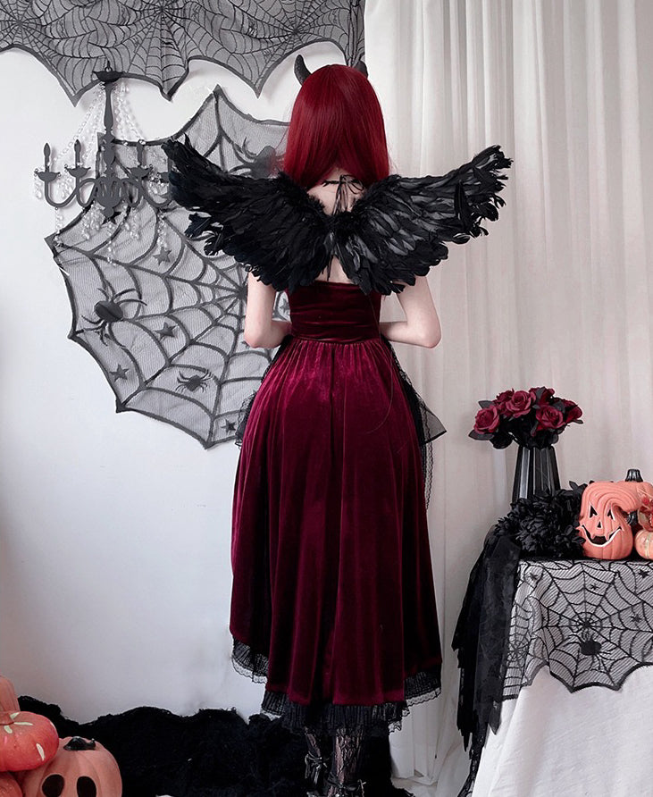 gothic lolita devil costume women, vampire bride outfit, black red gothic cosplay stage performance dress