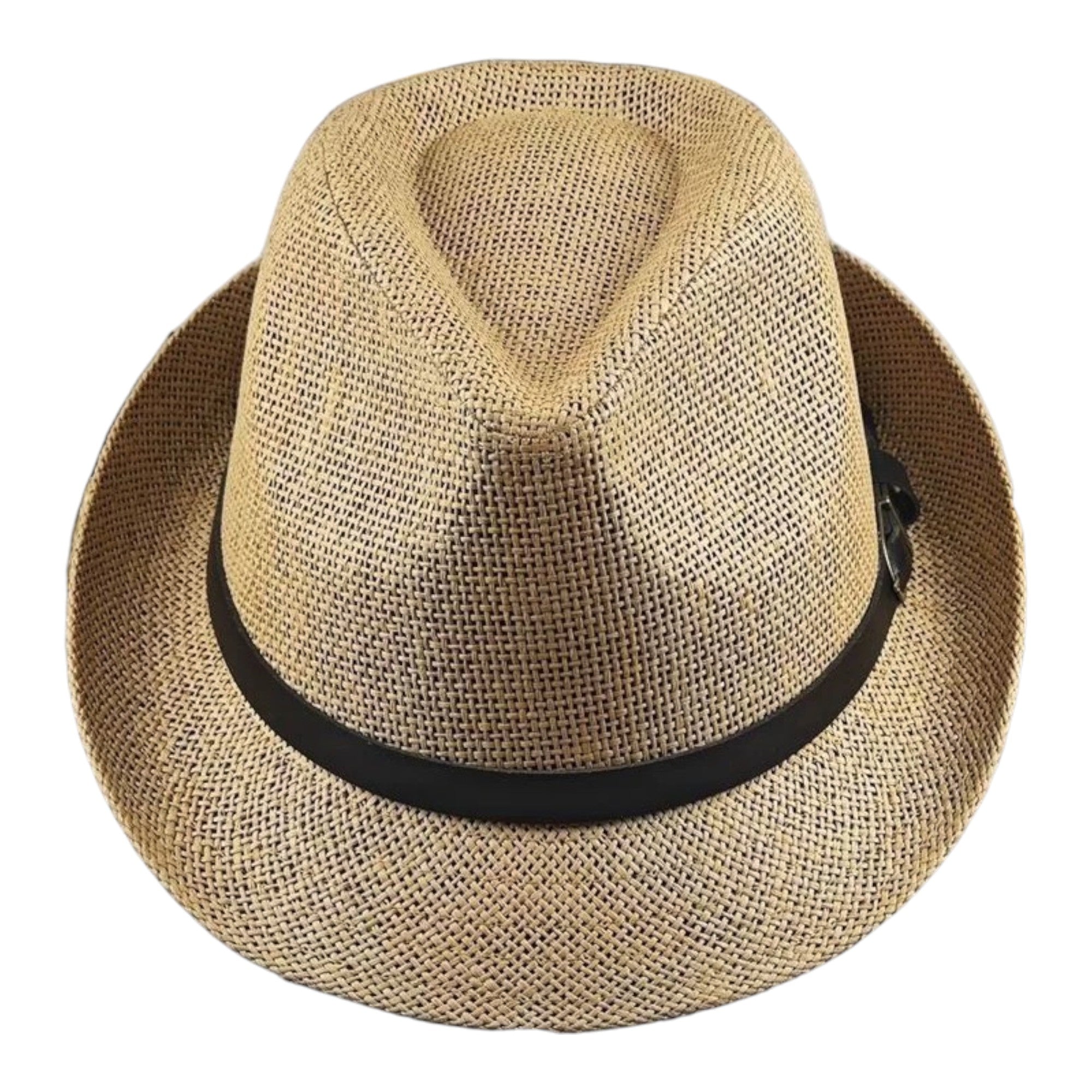 Khaki men’s woven Panama style hat with black strap