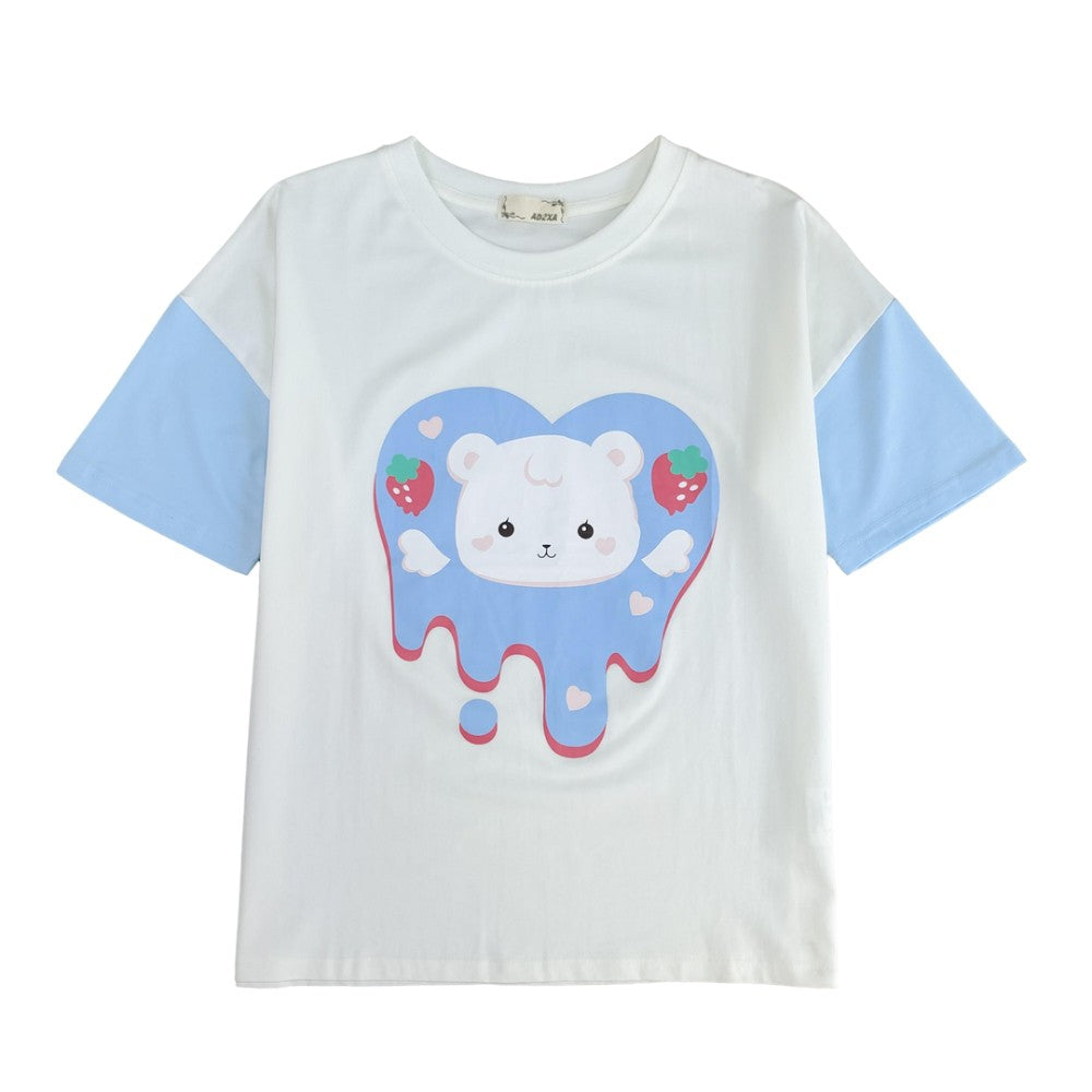 White kawaii T-shirt with blue sleeves and strawberry bear print