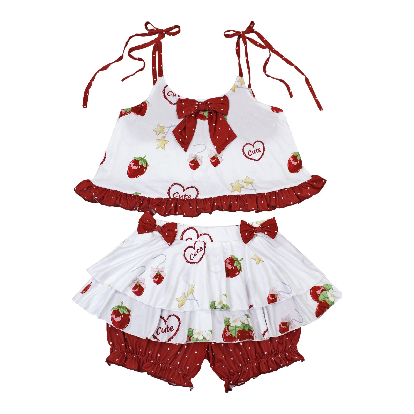 A cute two-piece strawberry loungewear set with red bows, ruffled hem, and built-in polka dot shorts.