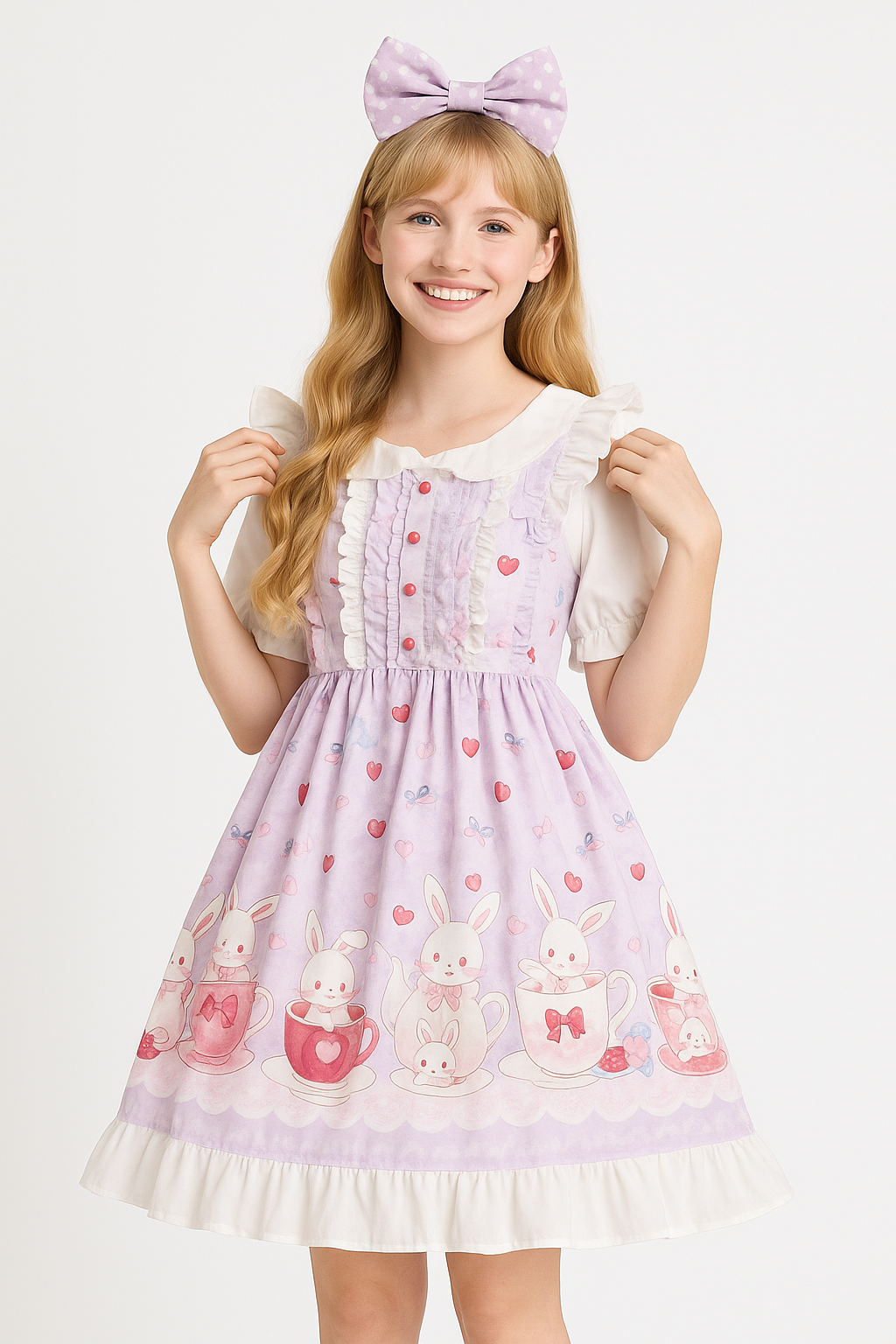 A sweet red Lolita dress with strawberry and teapot print, worn by a cute American girl model