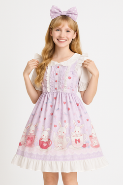 A sweet red Lolita dress with strawberry and teapot print, worn by a cute American girl model