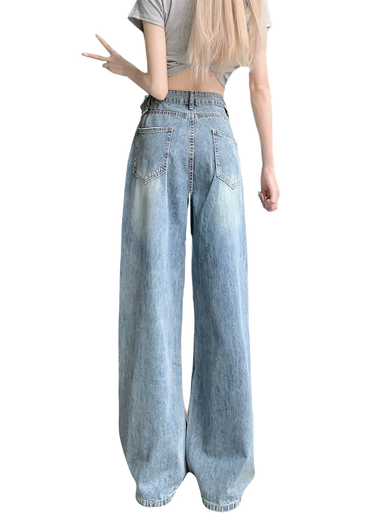 Plus Size Distressed Wide Leg Jeans for Women High Waist Loose Ripped Denim Pants