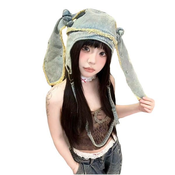 Washed Light Blue Denim Rabbit Ear Jean Hat