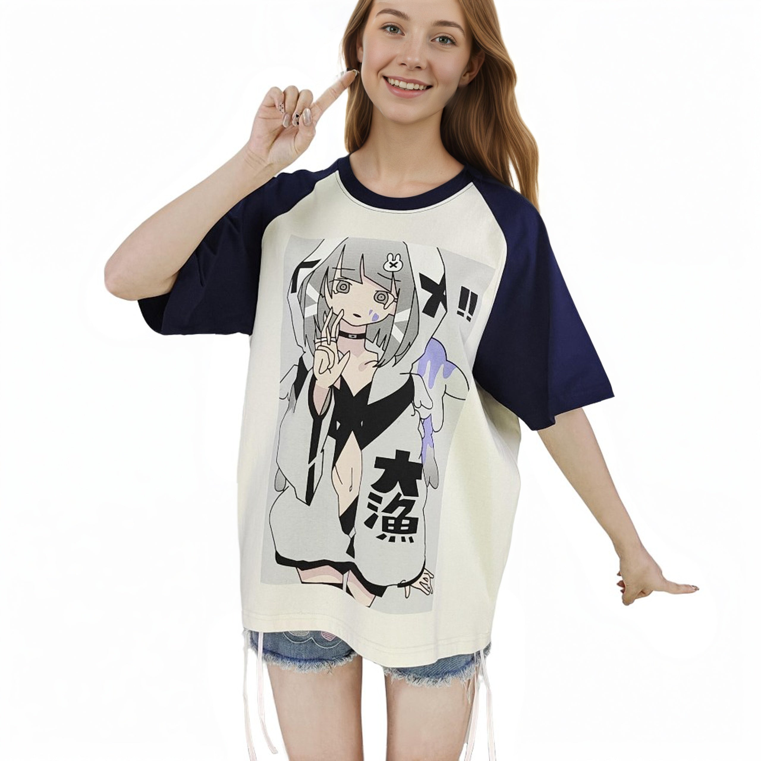 Japanese style loose fit short sleeve tee with cute manga girl print