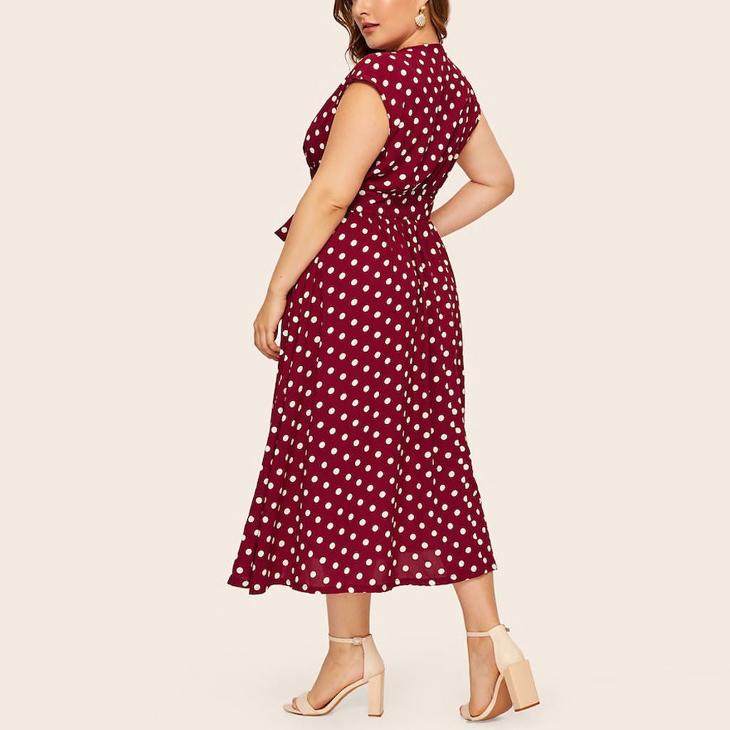 Polka Dot Button Down Dress for Women V-Neck Belted Waist Summer Midi Dress Plus Size
