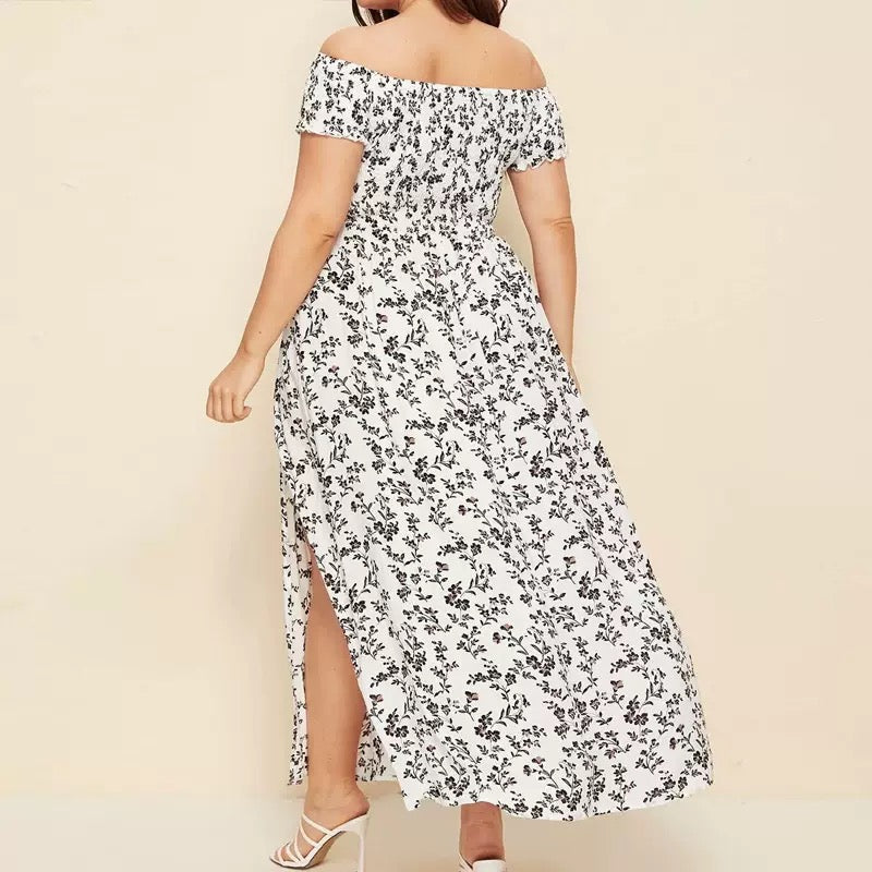 Off Shoulder Floral Maxi Dress for Women Boho Split Hem Summer Sundress Plus Size