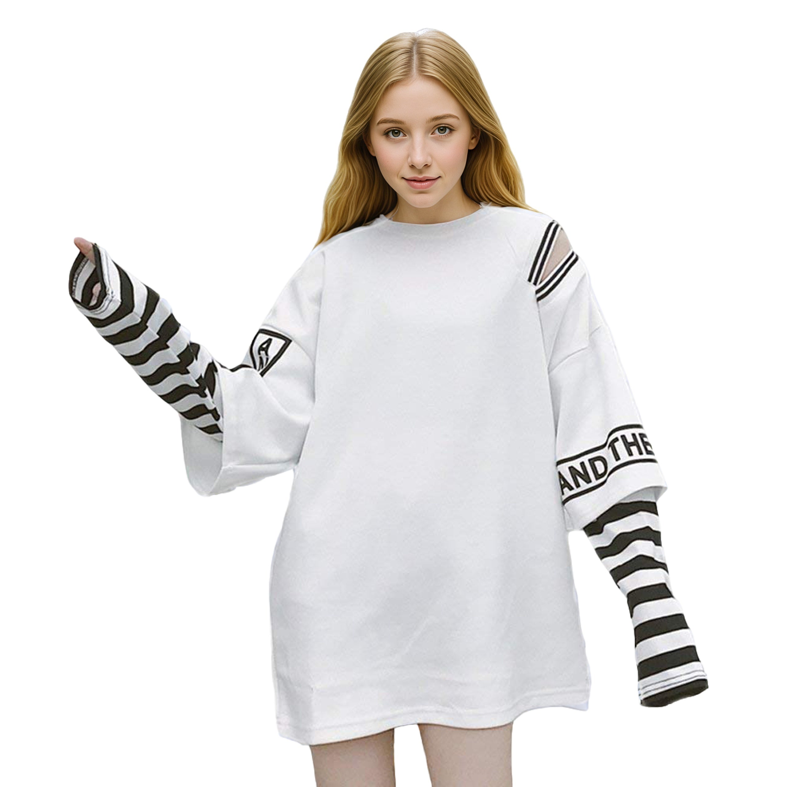 Harajuku top cold shoulder shirt striped long sleeve tee fake two-piece shirt