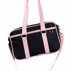 Japanese style JK school shoulder bag with contrasting straps, Oxford fabric student satchel in navy, black, and blue.