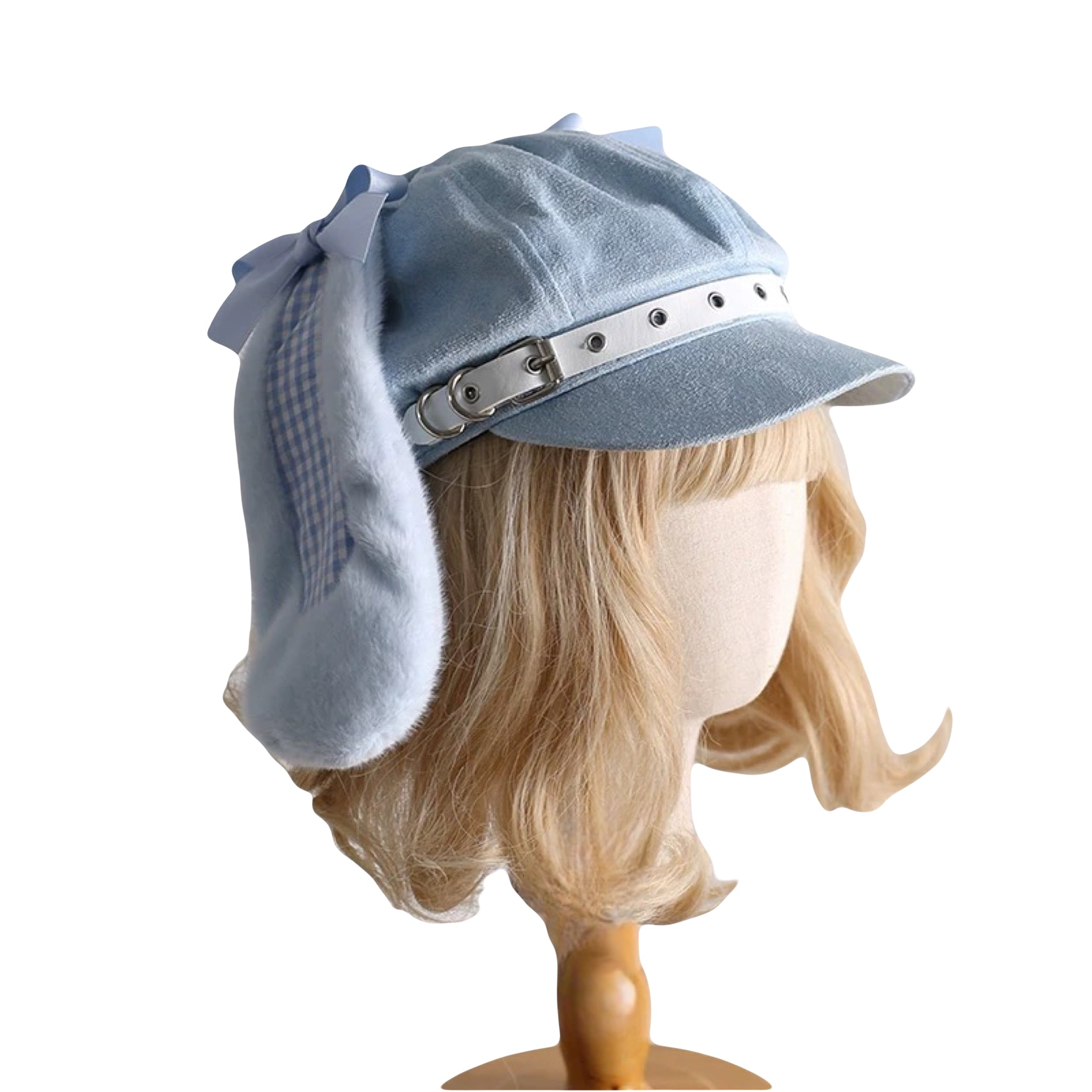 Blue Lolita-inspired beret with gingham bunny ears and suede finish pastel rabbit ear cap