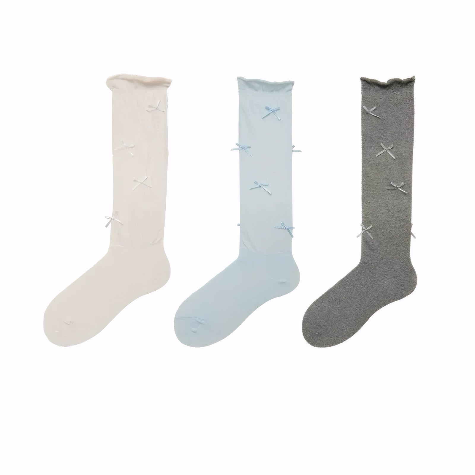 3 pairs of cute ballet-style slouchy socks with satin bows, mid-calf length, breathable cotton material in pastel and neutral colors