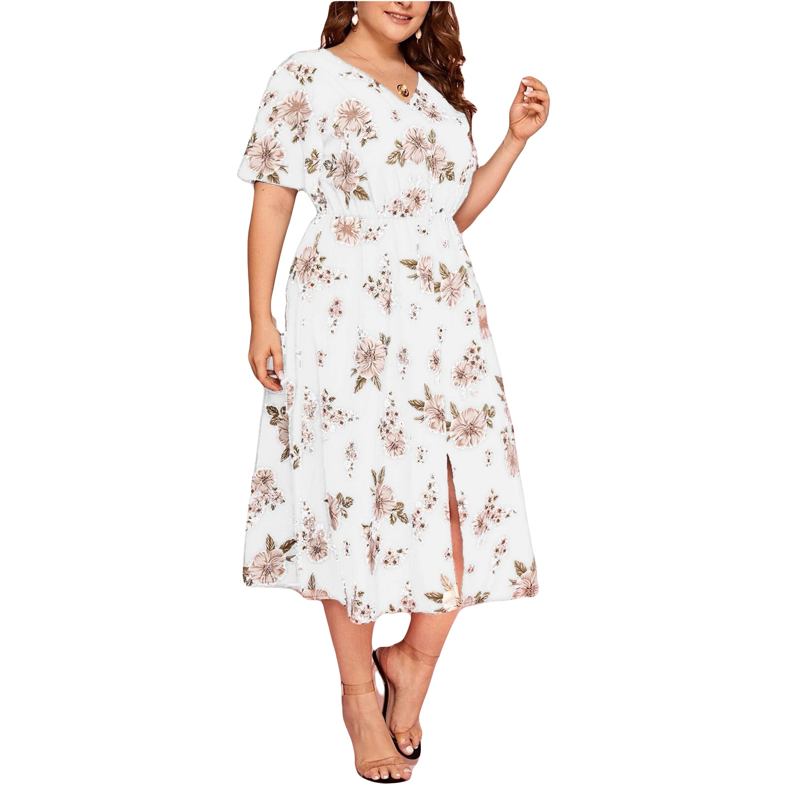 plus size chiffon dress floral print V-neck midi short sleeve curvy summer dress