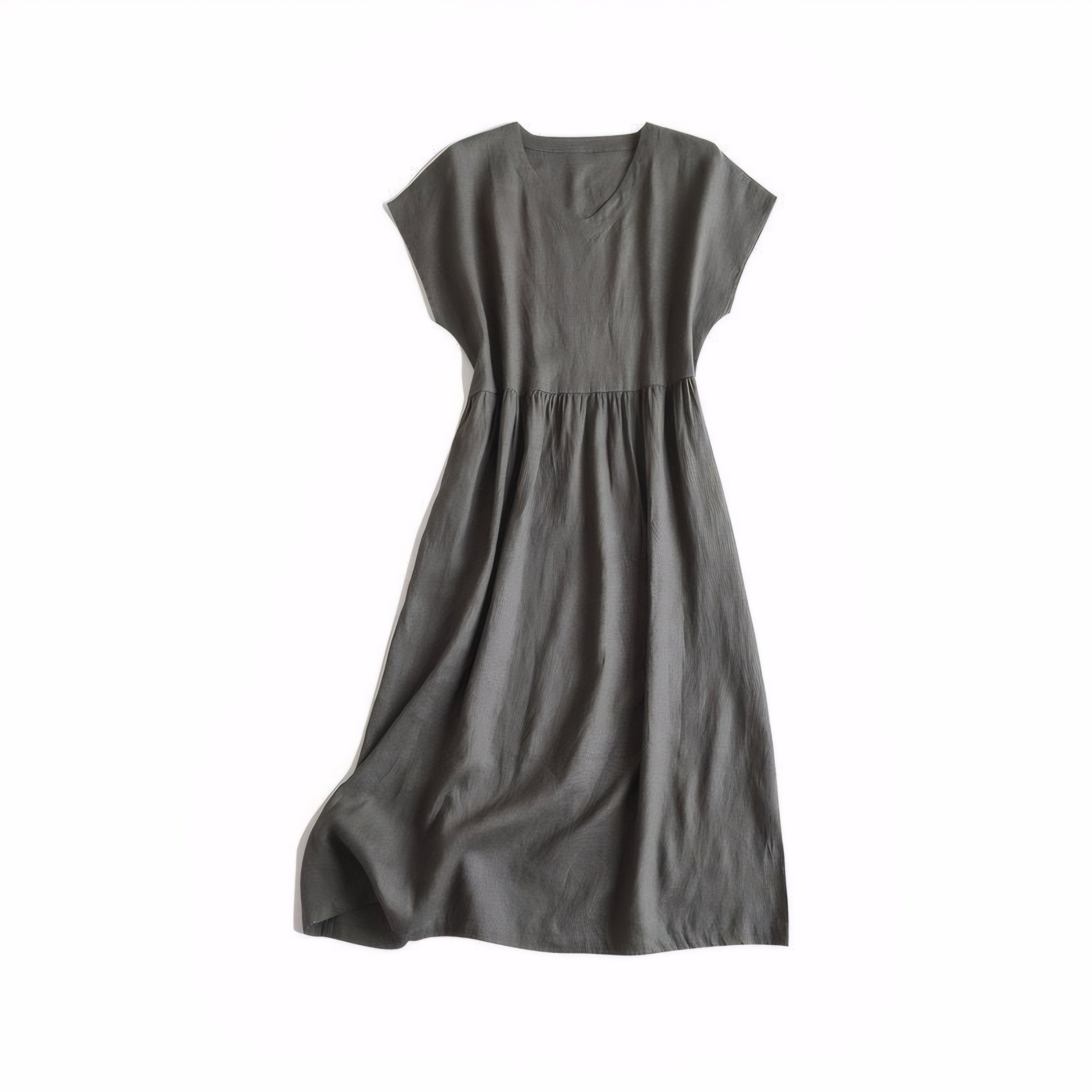 Charcoal Gray Linen Midi Dress with V-Neck and Pockets – Natural Simple Style