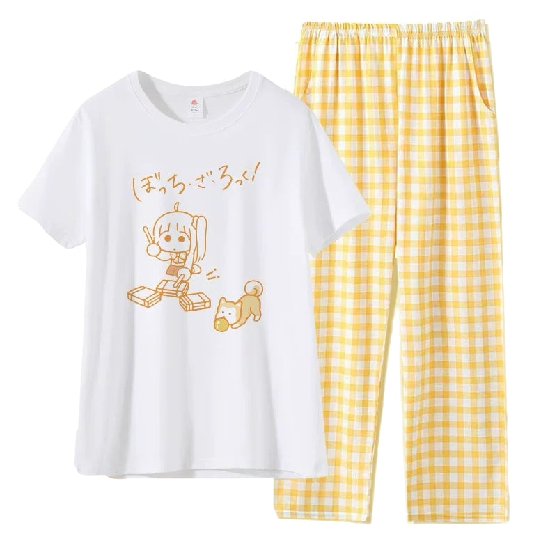 Yellow kawaii anime summer sleepwear set with cute checkered pants plaid pajama bottoms cartoon lounge set