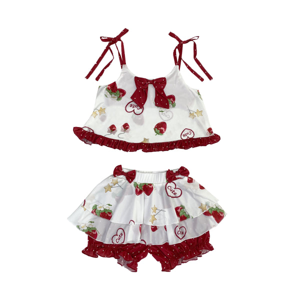 ruffle lounge outfit, cozy two-piece pajamas, built-in shorts loungewear, sweet homewear set, cute comfy outfit.