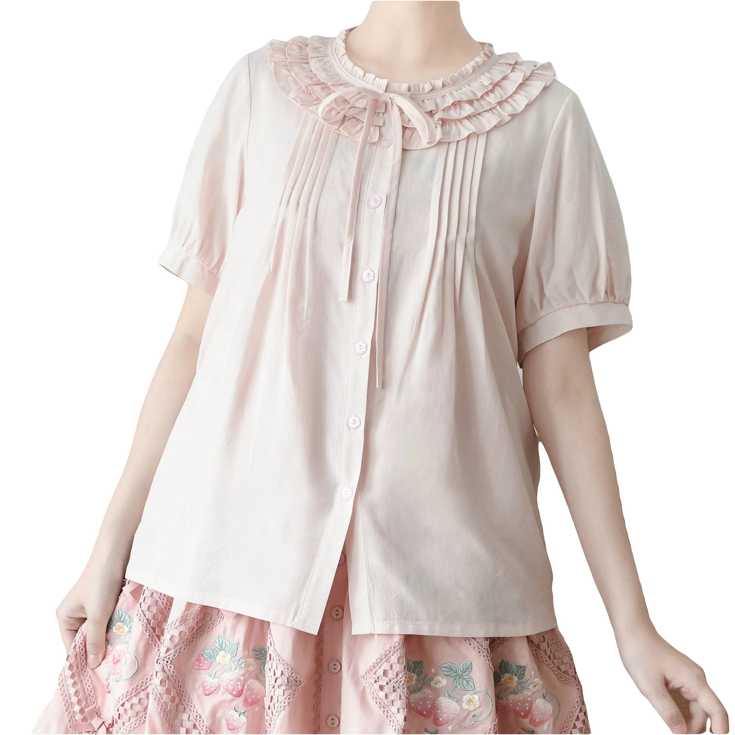 Lolita Ruffle Collar Summer Blouse Tencel Cotton Round Neck Shirt Bow Vintage Lace Puff Sleeve Top