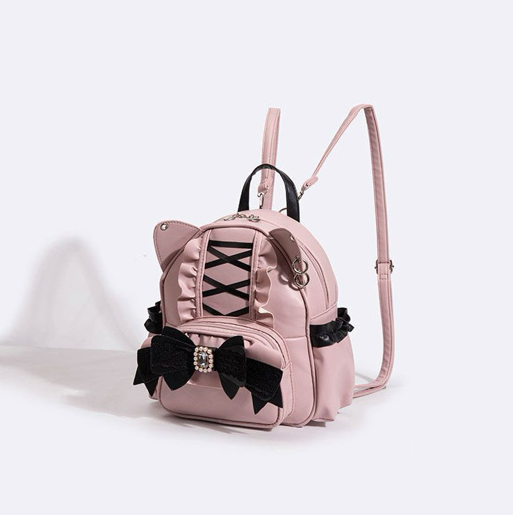 cat ear mini backpack Lace Bow Lolita Cat Ear Backpack Sweet Harajuku Style PU Leather Mini