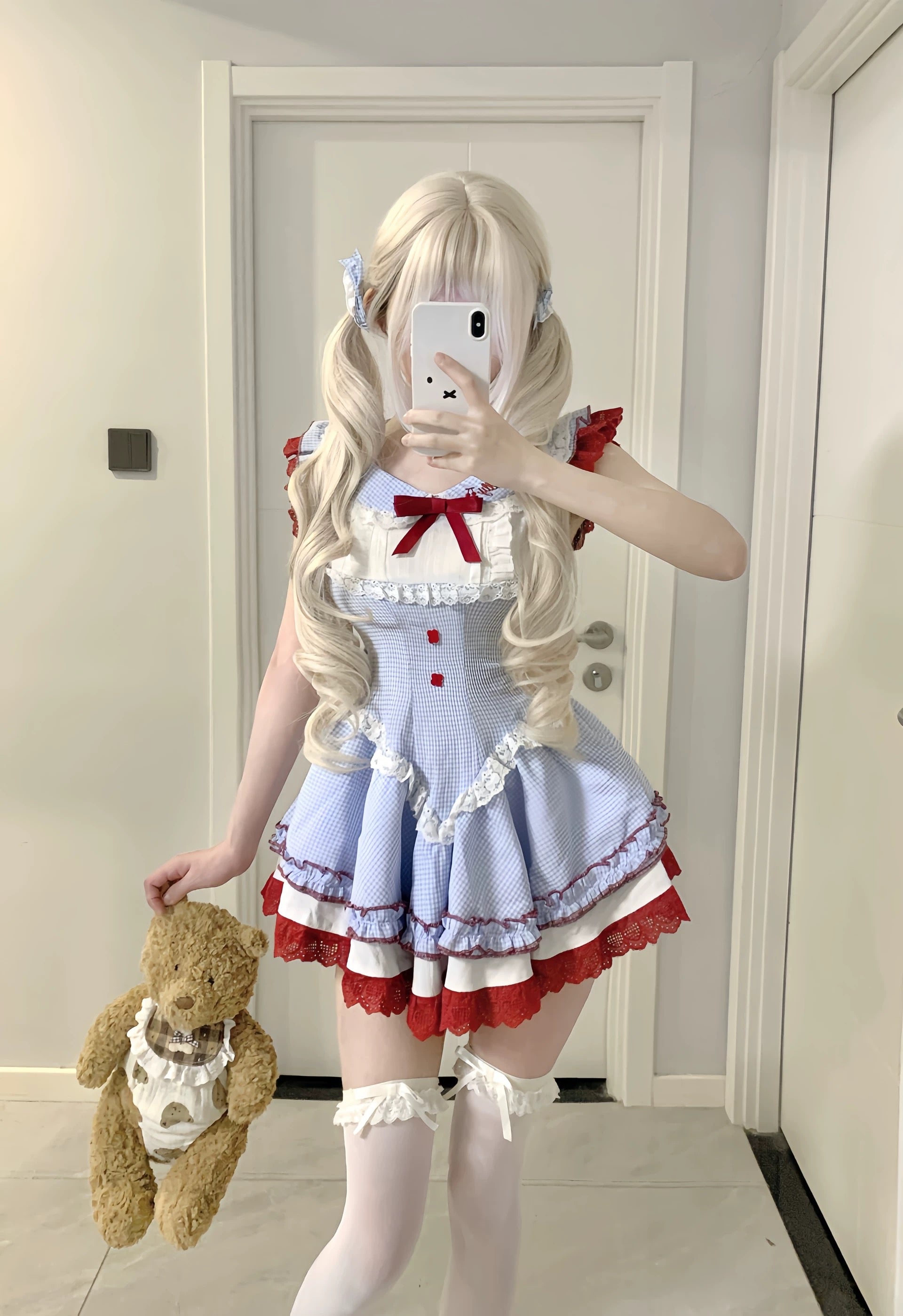 Sweet Lolita Blue Gingham Dress with Red Lace Kawaii Princess Puff Skirt Waist-Cinching Baby Doll Dress
